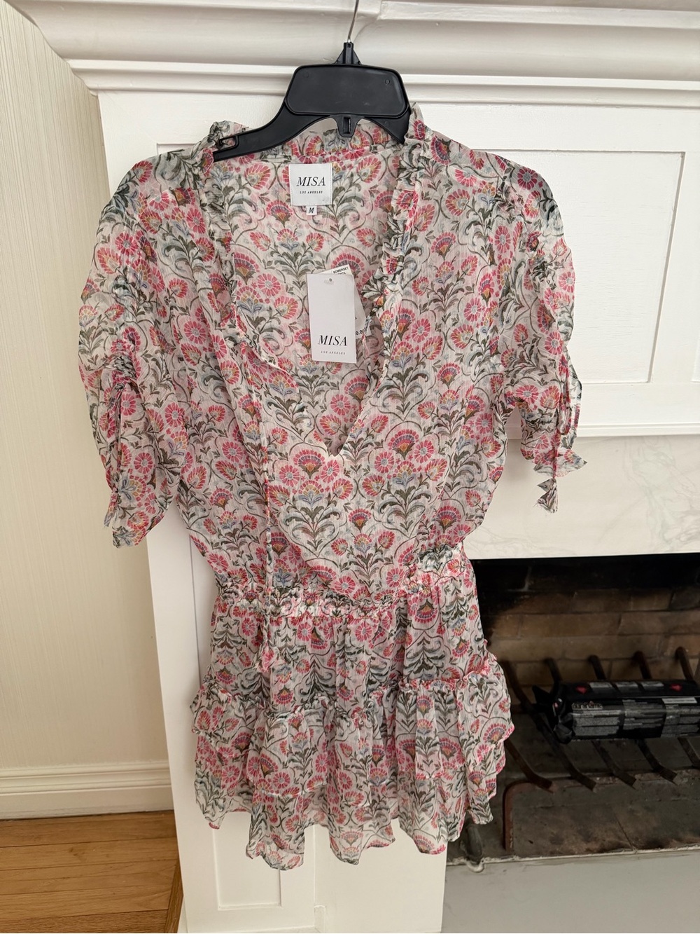 MISA Los Angeles Becca Pink Floral Ruffled V-Neck mini dress